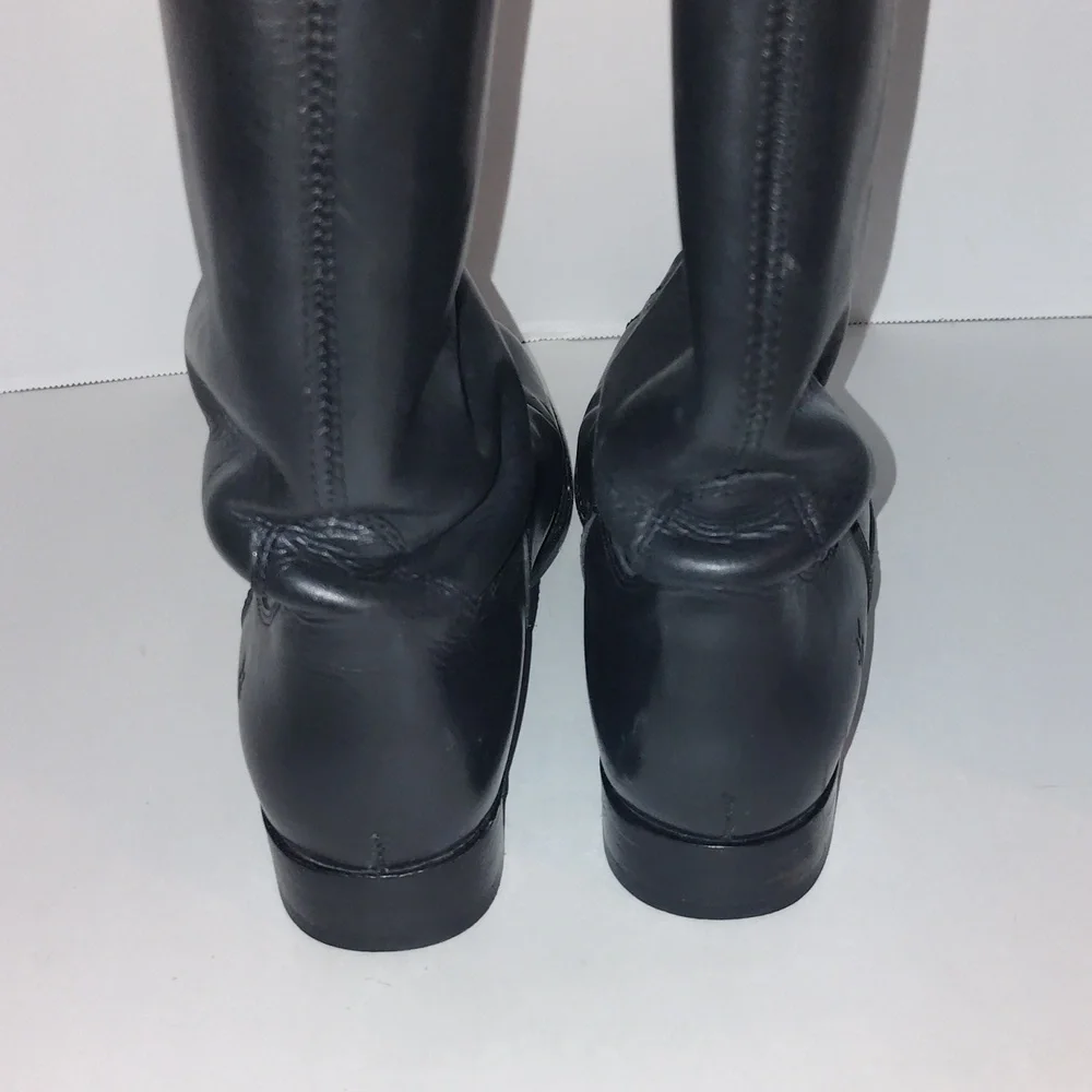 Frye Melissa Logo Monogrammed tall Black Brown Leather Knee High Boots size 7 B